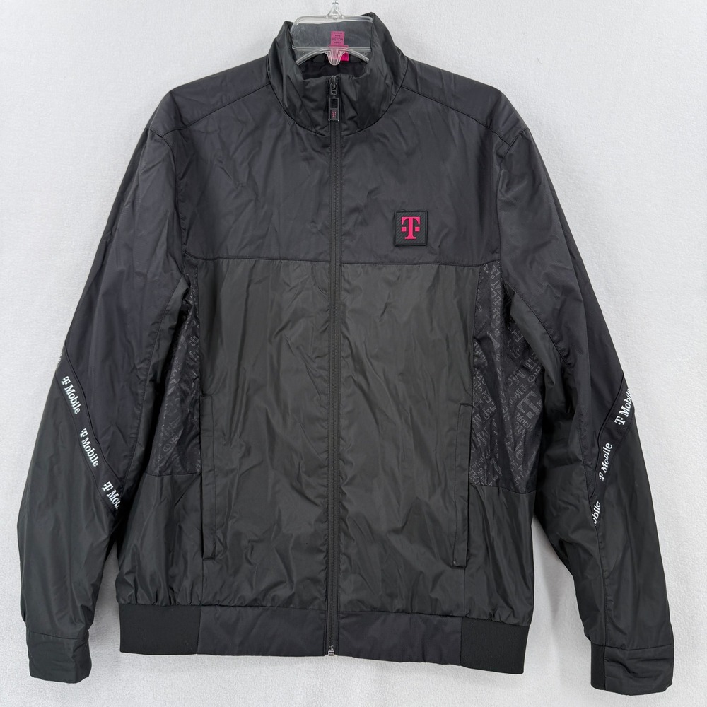 T-Mobile Windbreaker Jacket Mens Medium Black Pink Zip Up Logo Full Zip
